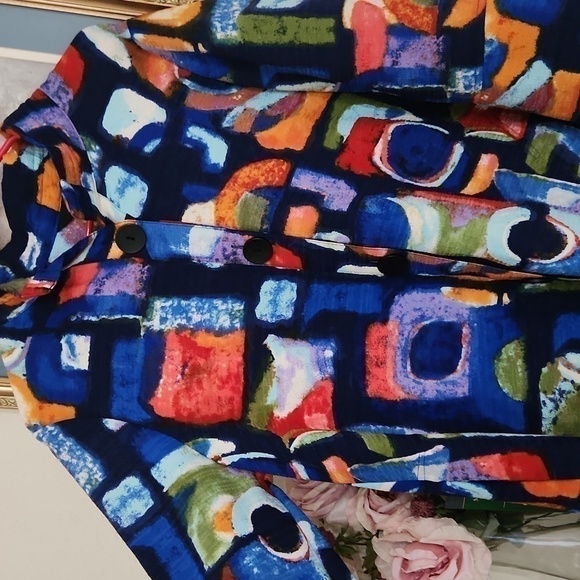 Ali Miles Colorful Abstract Patterned Coat Bell Sleeve Career Artsy Contemporary - Picture 6 of 12